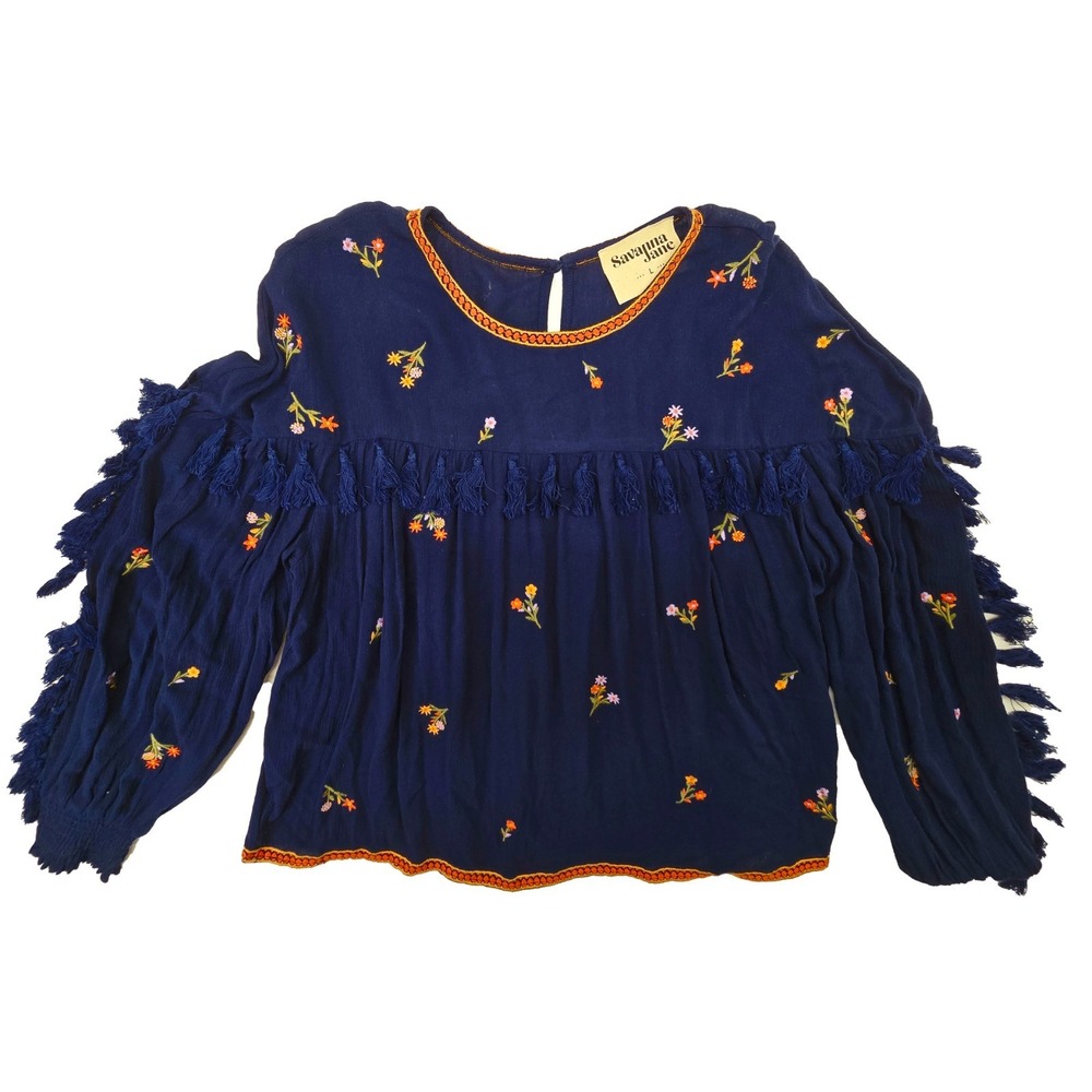 Savanna Jane Peasant Top Women L Navy Floral Embroidery Fringed Boho Blouse - Picture 2 of 8